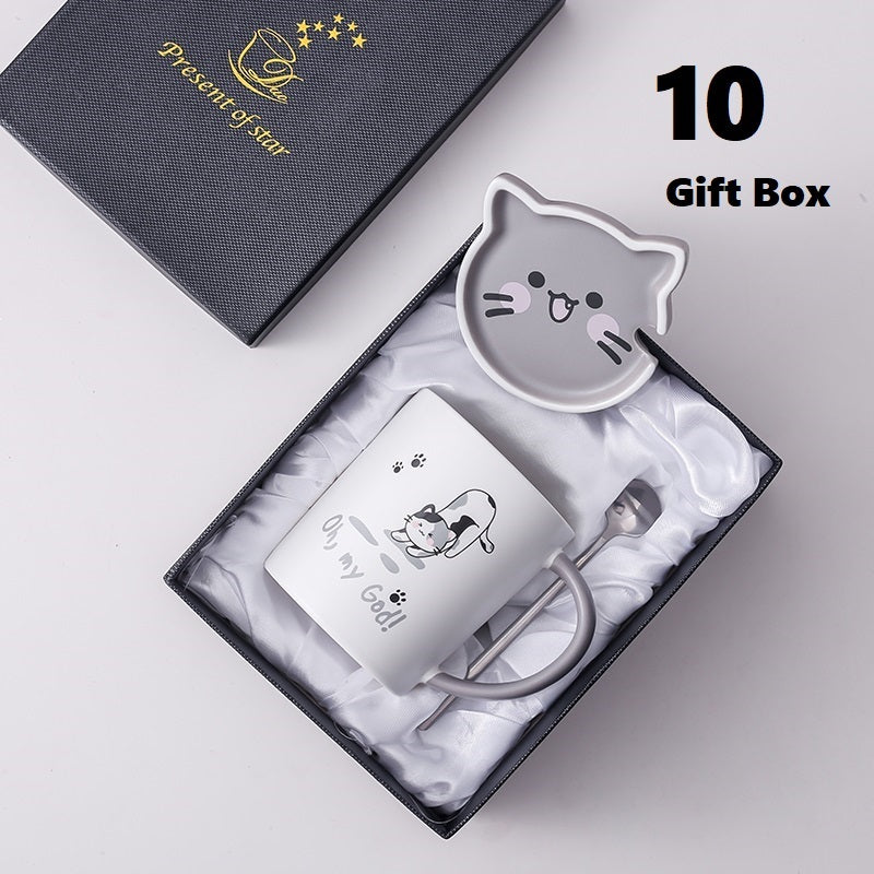 Creative Mug With Lid Spoon Cartoon Cat Ceramic Couple Cup