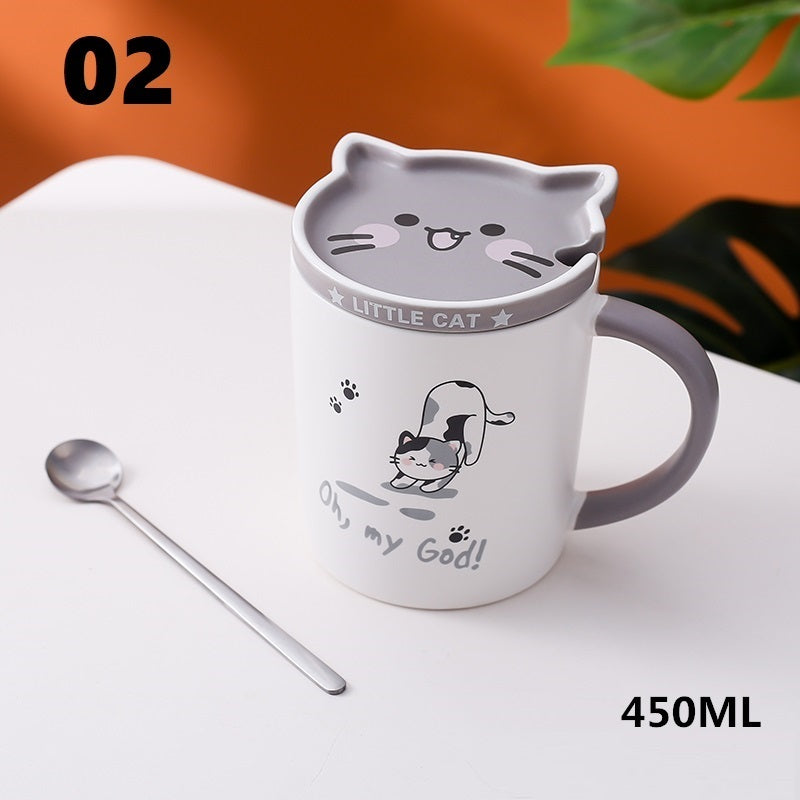 Creative Mug With Lid Spoon Cartoon Cat Ceramic Couple Cup