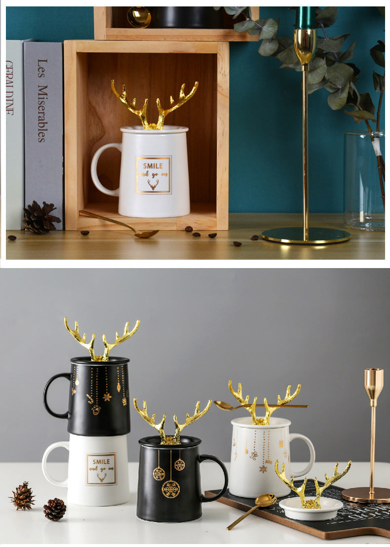 Nordic Couple Mug Porcelain Cup Golden Antlers Cover Home Spoon With Lid Milk Coffee Cup Drinking Glass Black White Ceramic Mug