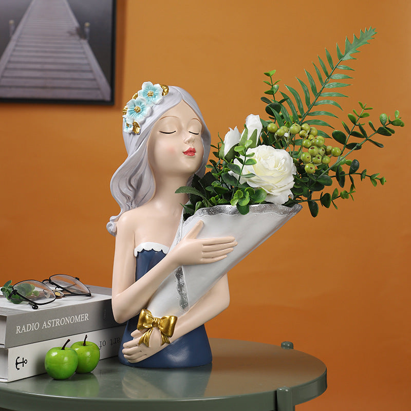 Amazing Creative Bouquet girl Decoration Living Room TV Cabinet Flower Arrangement Vase Soft Resin Crafts Girlfriend Birthday Gift