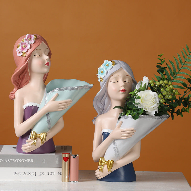 Amazing Creative Bouquet girl Decoration Living Room TV Cabinet Flower Arrangement Vase Soft Resin Crafts Girlfriend Birthday Gift