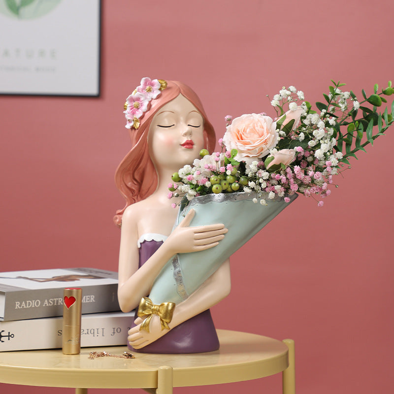 Amazing Creative Bouquet girl Decoration Living Room TV Cabinet Flower Arrangement Vase Soft Resin Crafts Girlfriend Birthday Gift