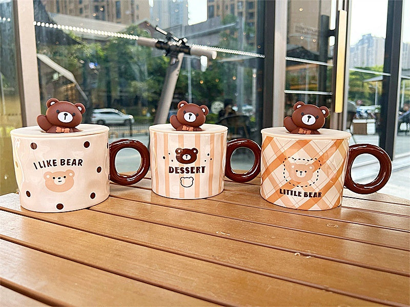 Mug With Lid Couple Little Bear Ceramic Water Cup Girls Creative Breakfast Cup