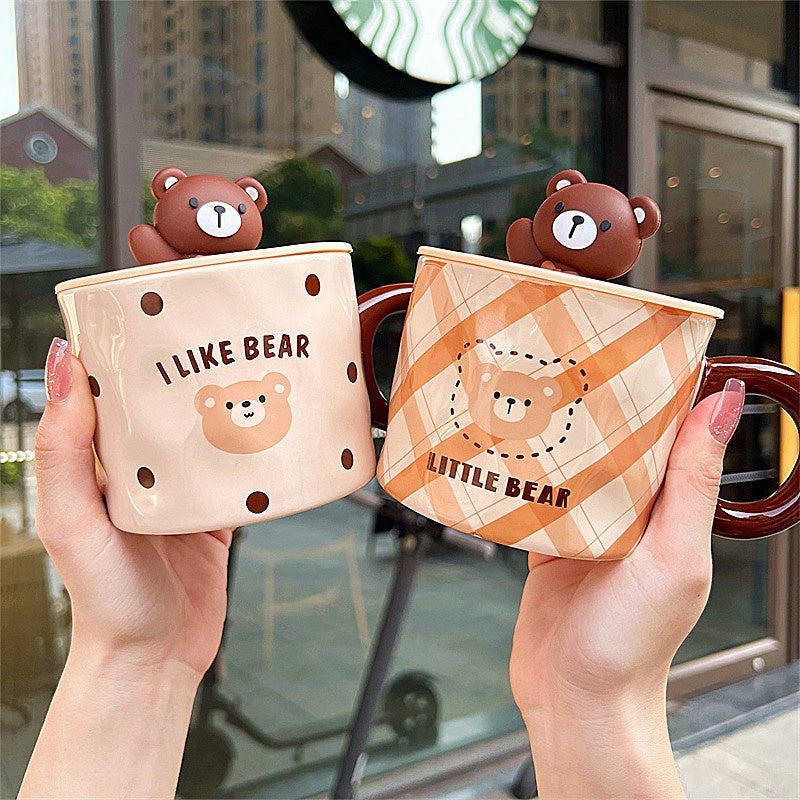 Mug With Lid Couple Little Bear Ceramic Water Cup Girls Creative Breakfast Cup