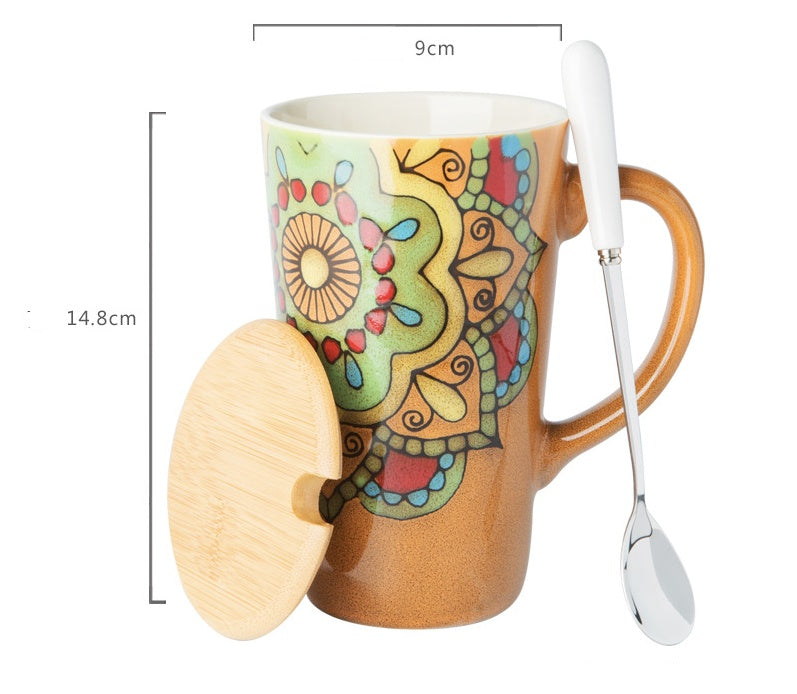 Mug Large Capacity Ceramic Spoon With Lid Retro Style Hand-painted Office Home Drinking Cup