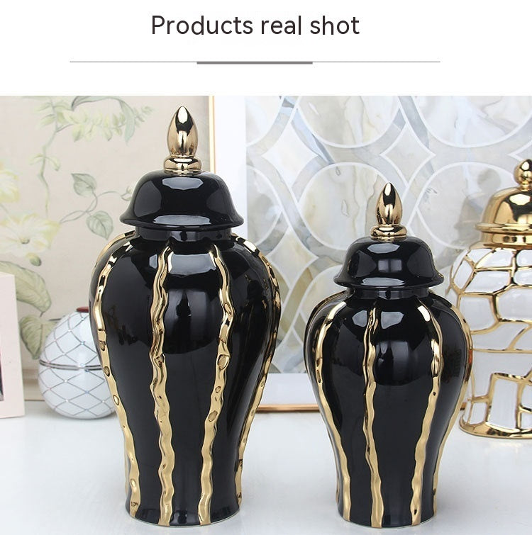 Ceramic Black Gold Pattern Temple Jar Ornaments