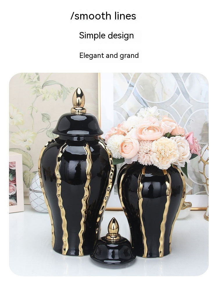 Ceramic Black Gold Pattern Temple Jar Ornaments