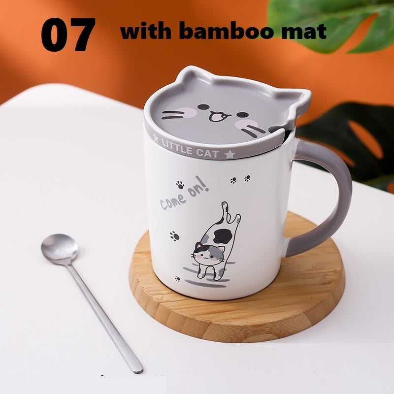 Creative Mug With Lid Spoon Cartoon Cat Ceramic Couple Cup