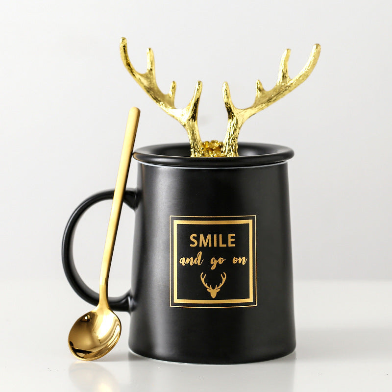 Nordic Couple Mug Porcelain Cup Golden Antlers Cover Home Spoon With Lid Milk Coffee Cup Drinking Glass Black White Ceramic Mug