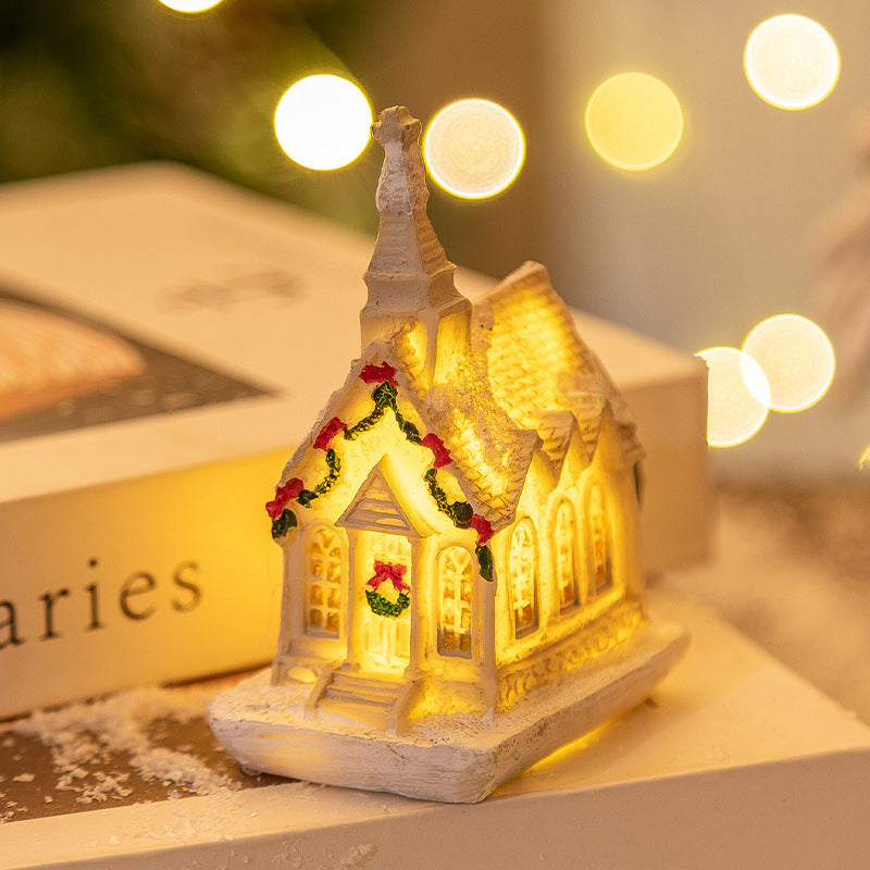 Décorations de Noël en résine Petite maison lumineuse à LED