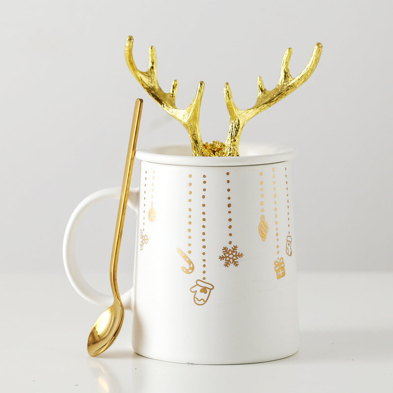 Nordic Couple Mug Porcelain Cup Golden Antlers Cover Home Spoon With Lid Milk Coffee Cup Drinking Glass Black White Ceramic Mug