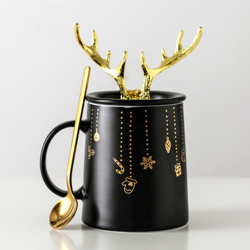 Nordic Couple Mug Porcelain Cup Golden Antlers Cover Home Spoon With Lid Milk Coffee Cup Drinking Glass Black White Ceramic Mug