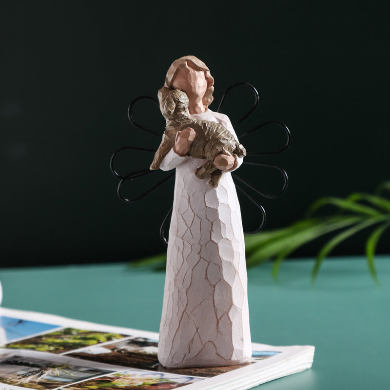 Resin Angel Ornament Christmas Statue Holding Dog