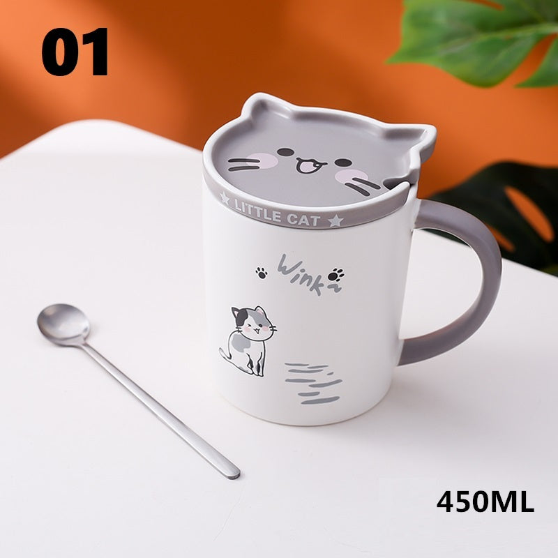 Creative Mug With Lid Spoon Cartoon Cat Ceramic Couple Cup