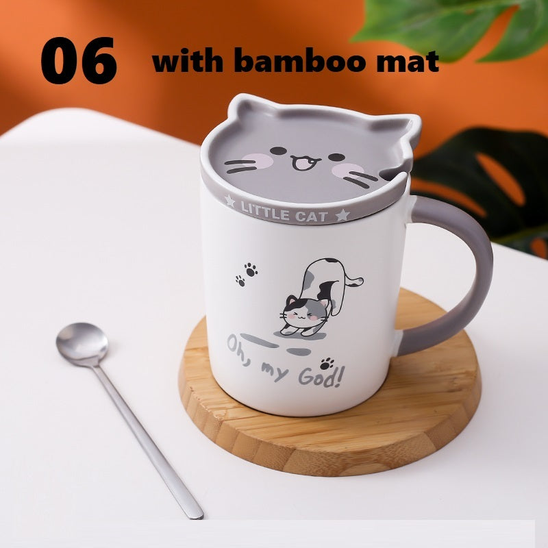 Creative Mug With Lid Spoon Cartoon Cat Ceramic Couple Cup