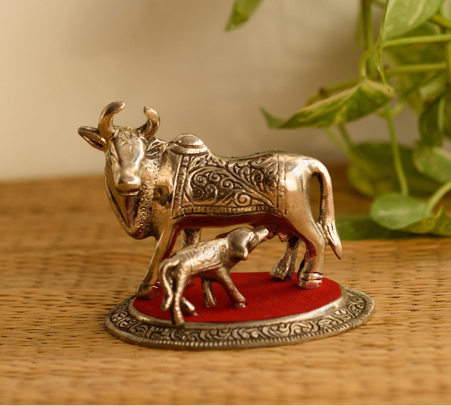 Silver White Metal Kamdhenu cow and calf statue
