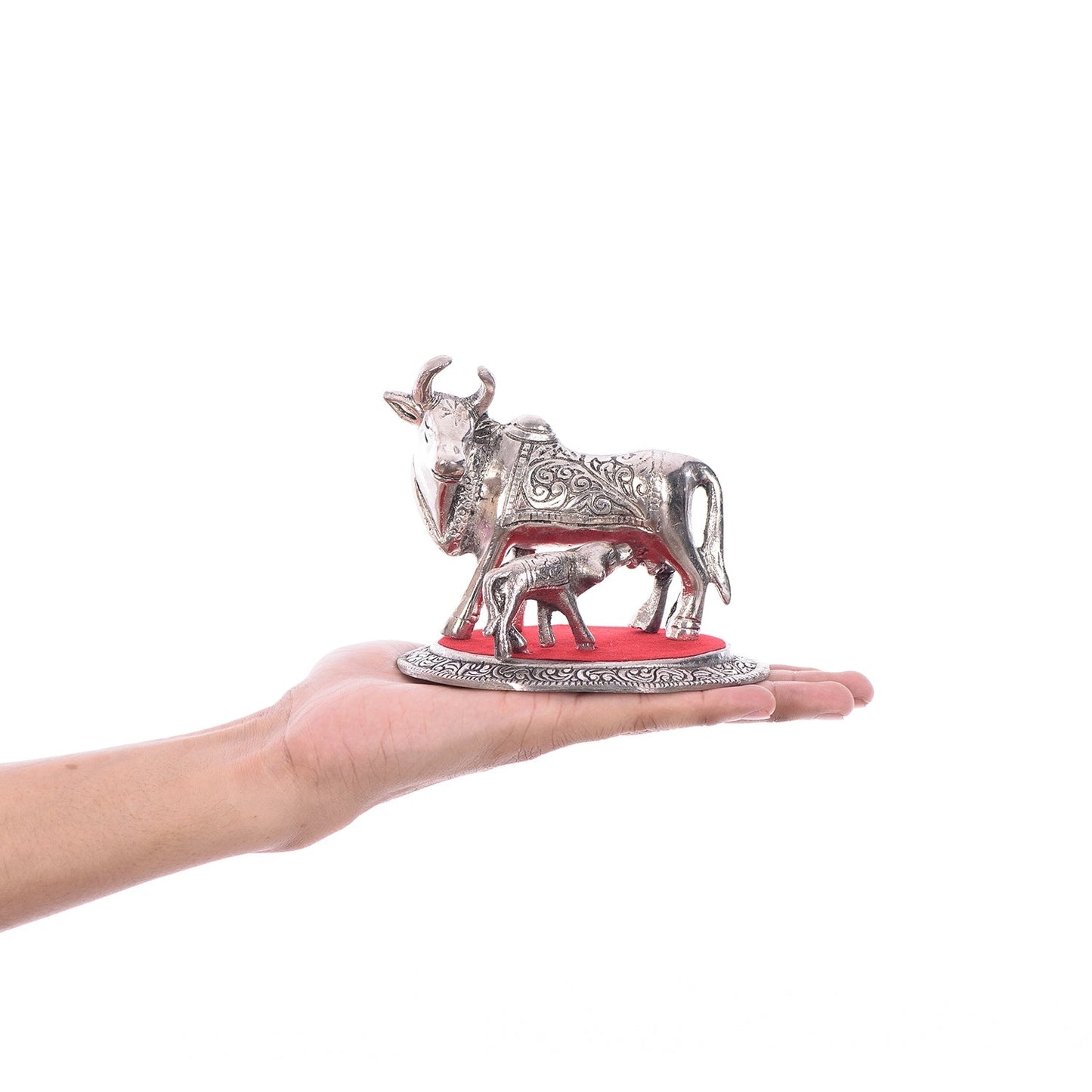 Silver White Metal Kamdhenu cow and calf statue