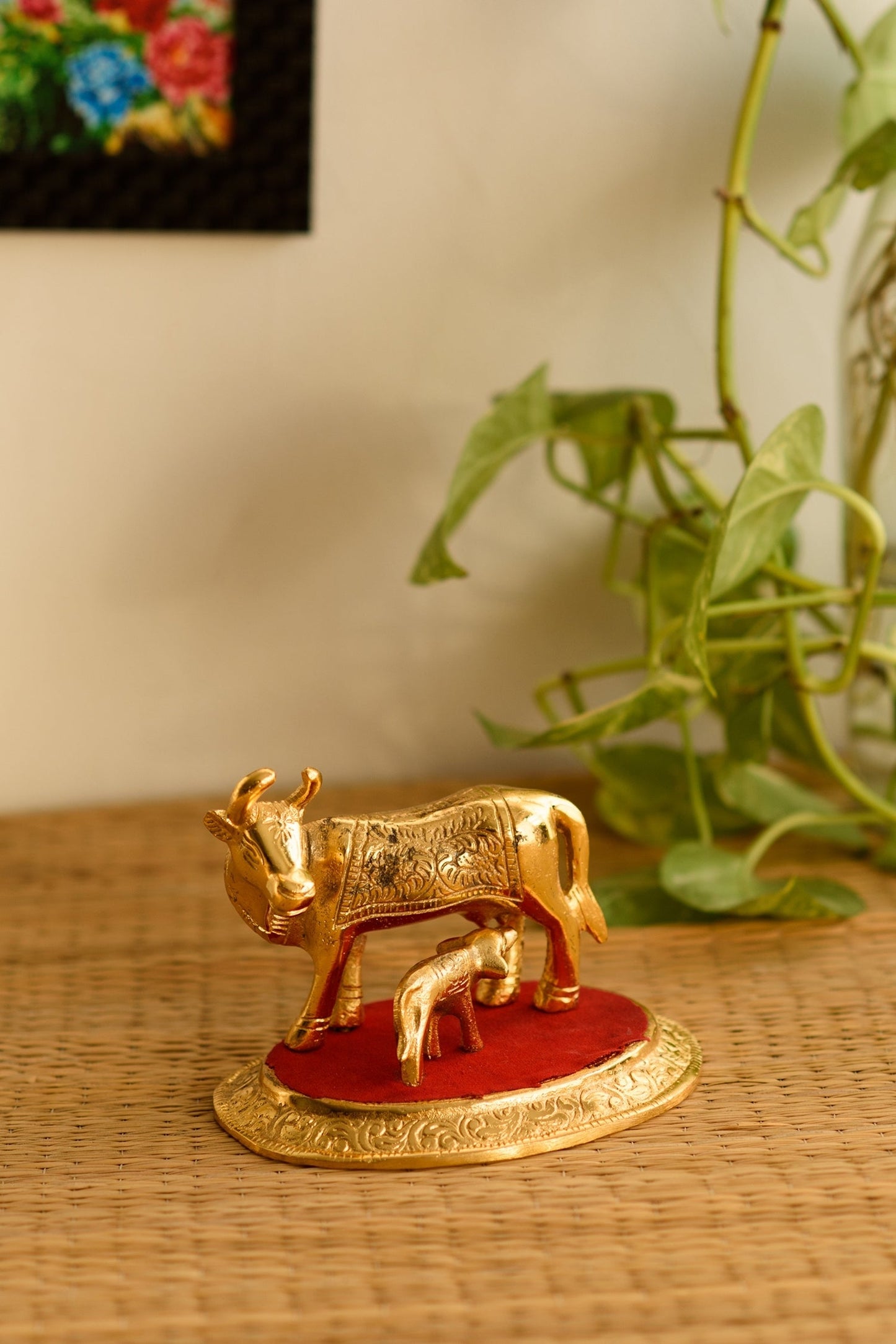 Golden Metal Kamadhenu Cow With Calf Statue Animal Figurines