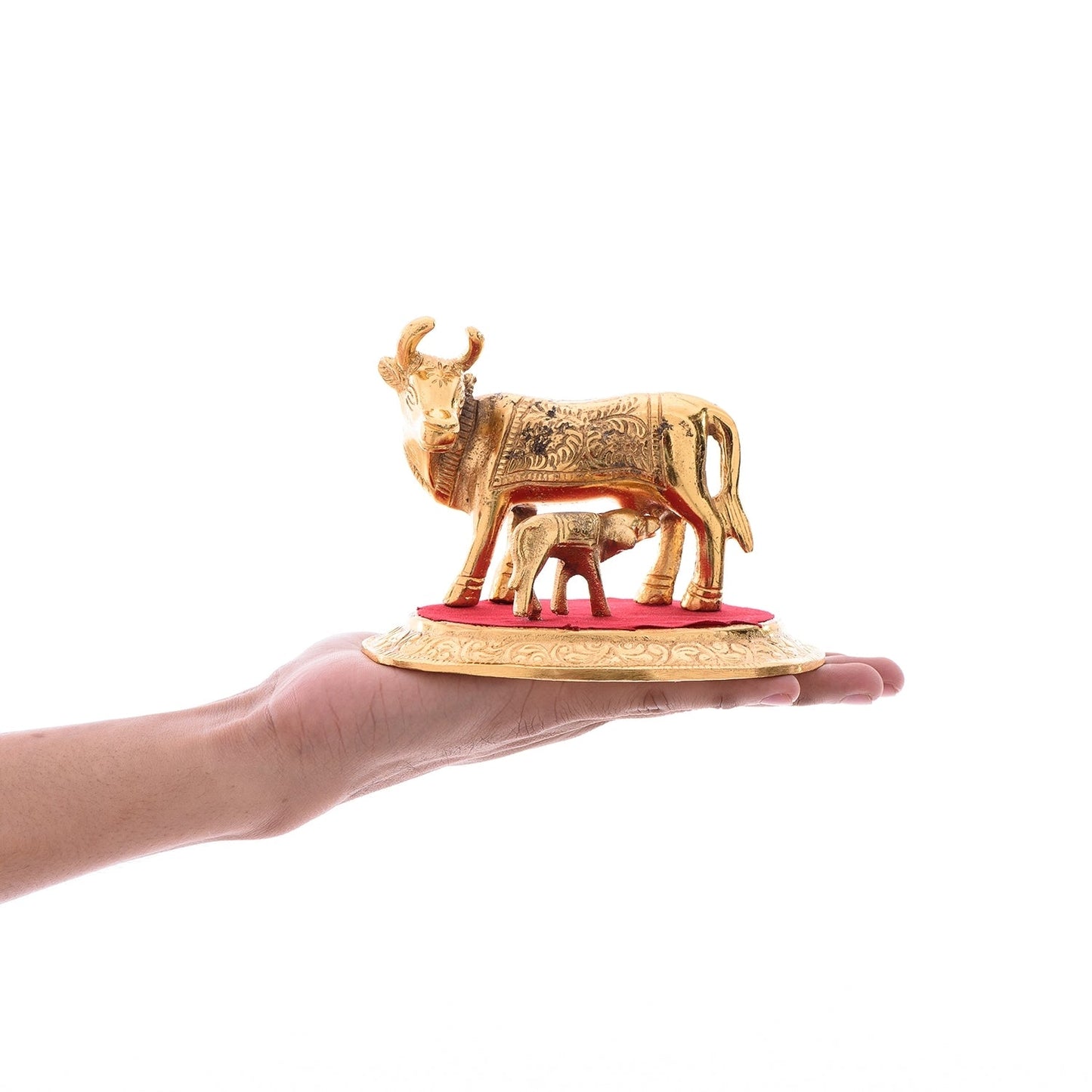 Golden Metal Kamadhenu Cow With Calf Statue Animal Figurines