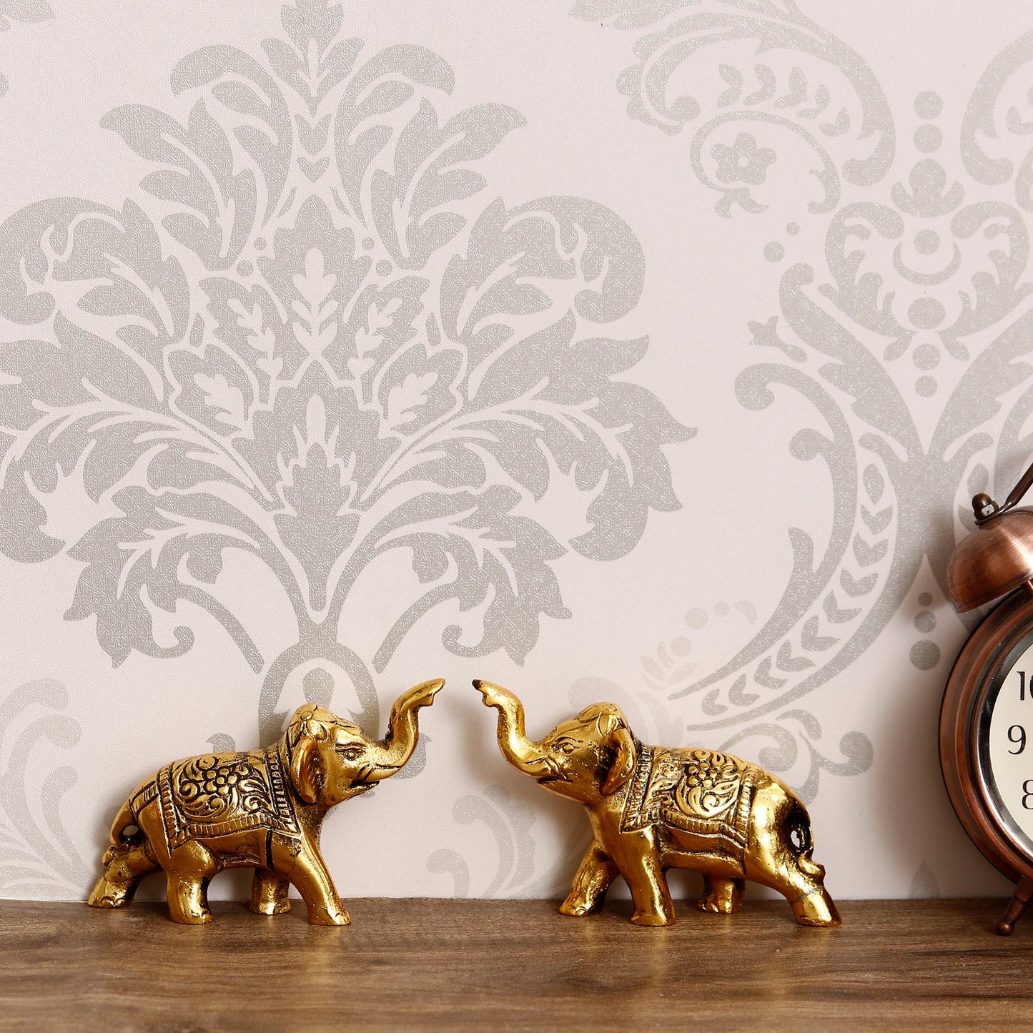 Set of 2 Golden Metal Elephants Statue, Animal Figurine Decorative Showpiece