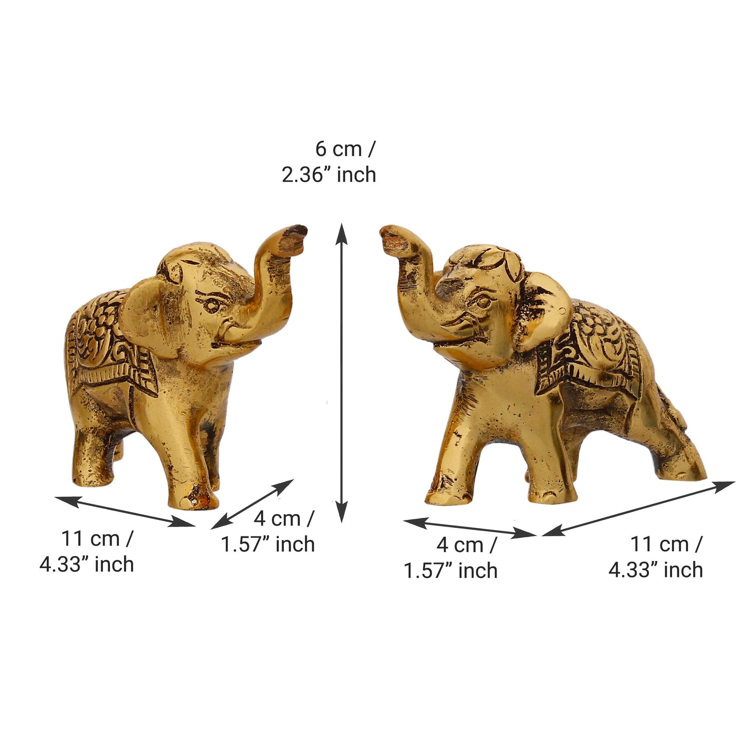 Set of 2 Golden Metal Elephants Statue, Animal Figurine Decorative Showpiece