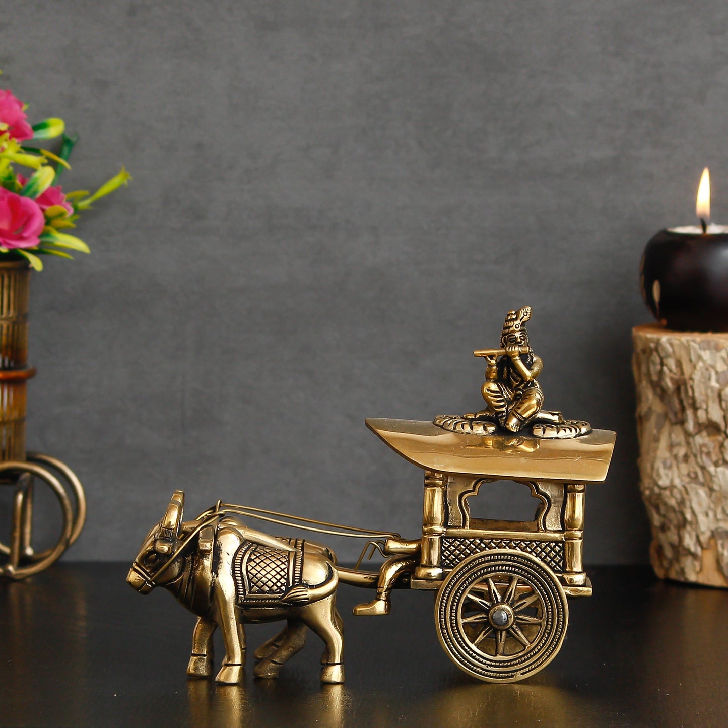 Golden Brass Lord Krishna Idol Sitting In Bullock Cart Showpiece