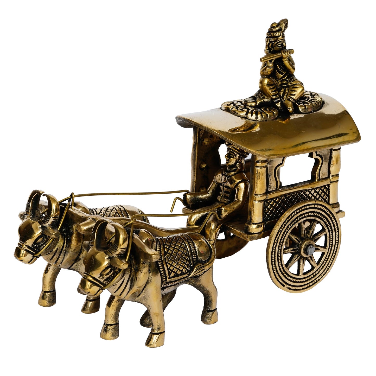 Golden Brass Lord Krishna Idol Sitting In Bullock Cart Showpiece