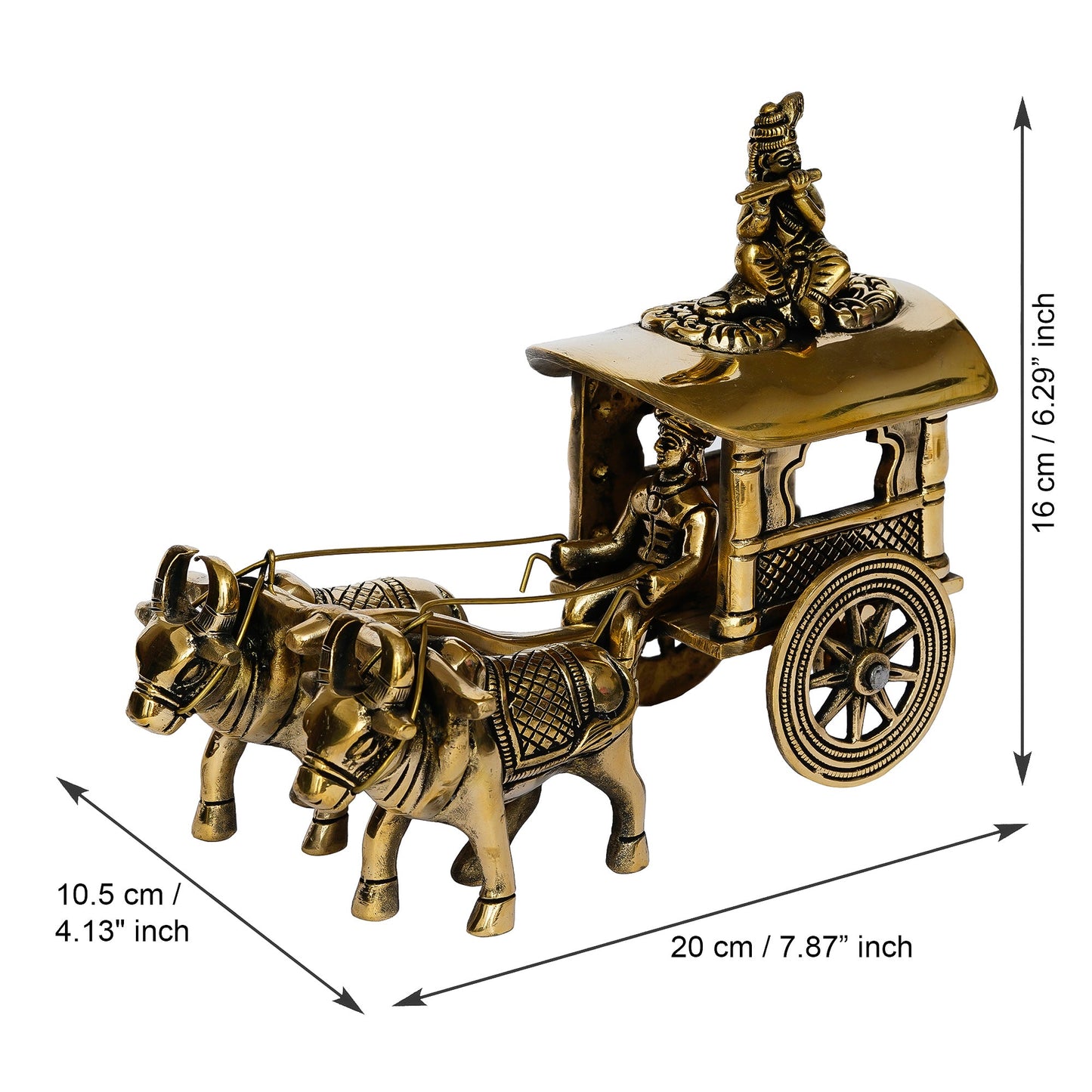 Golden Brass Lord Krishna Idol Sitting In Bullock Cart Showpiece