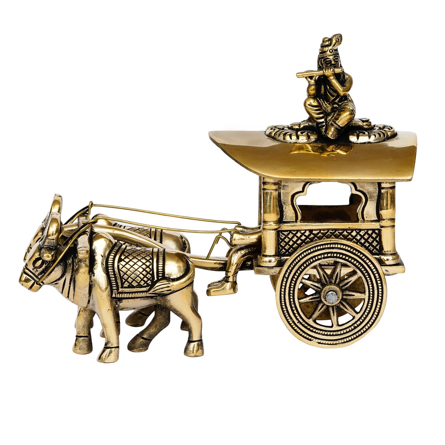 Golden Brass Lord Krishna Idol Sitting In Bullock Cart Showpiece