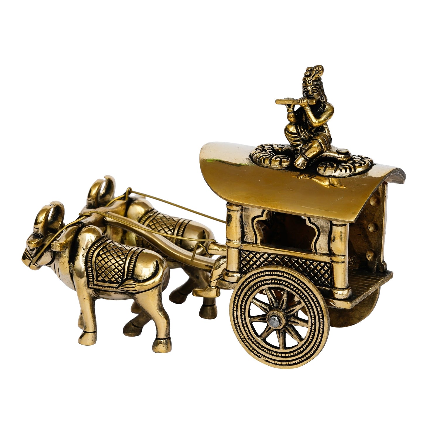 Golden Brass Lord Krishna Idol Sitting In Bullock Cart Showpiece