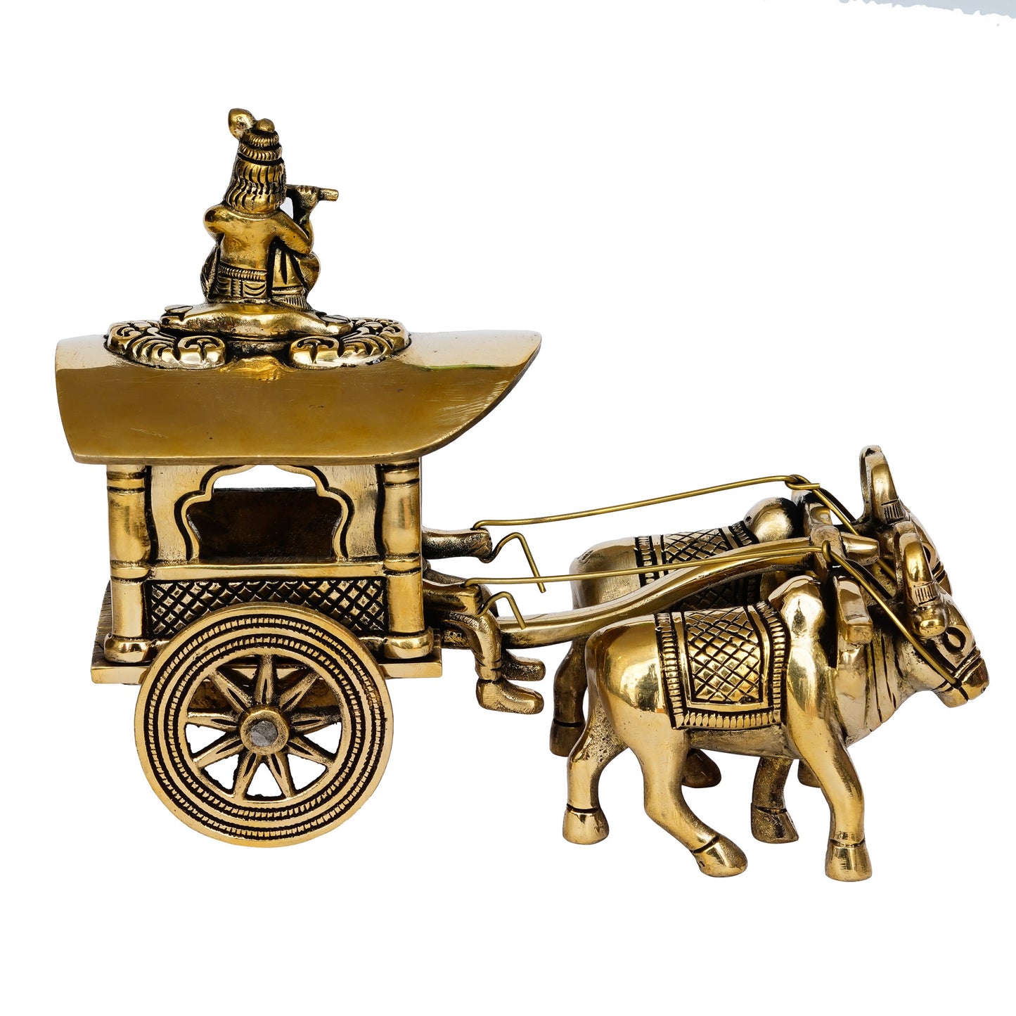 Golden Brass Lord Krishna Idol Sitting In Bullock Cart Showpiece