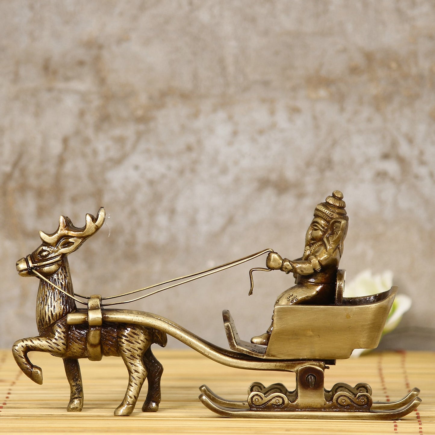 Gold Brass Ganesha Enjoying Ride With Deer Cart Decorative Showpiece