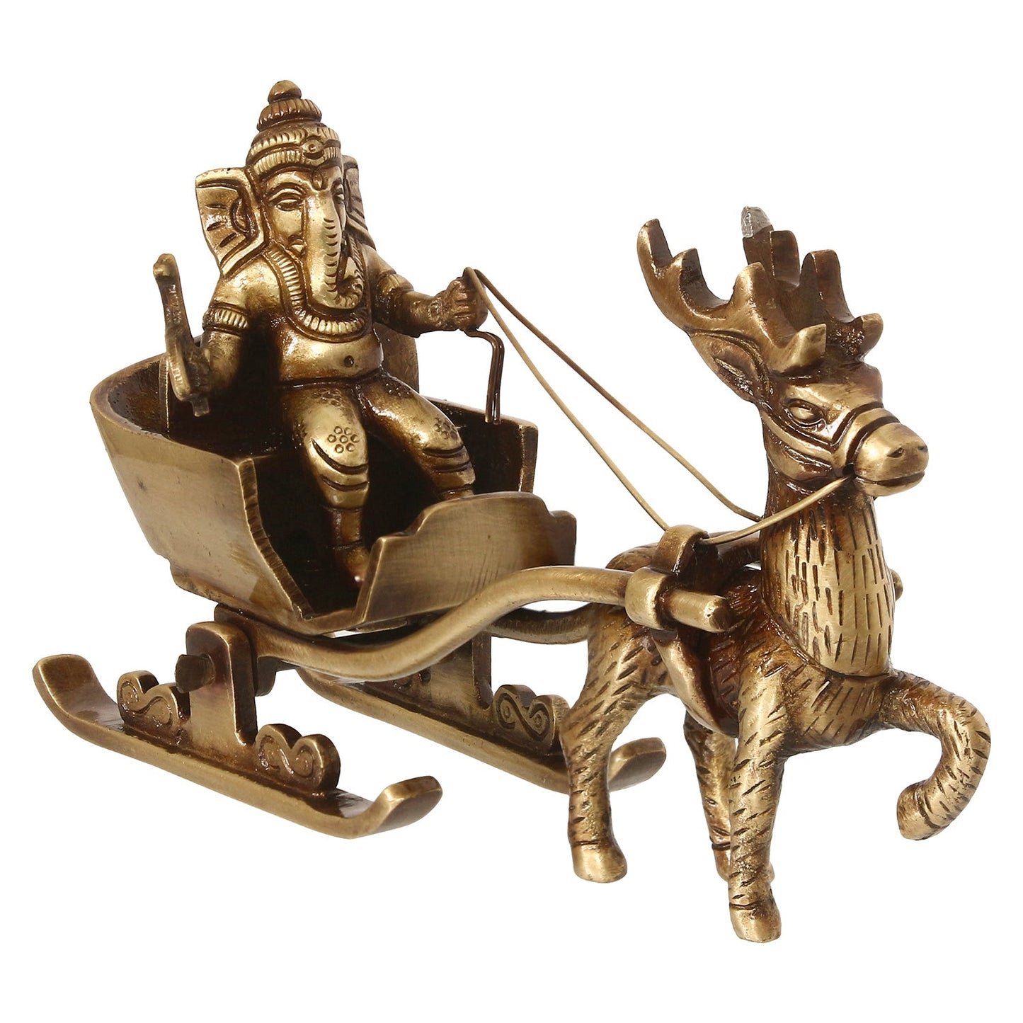 Gold Brass Ganesha Enjoying Ride With Deer Cart Decorative Showpiece