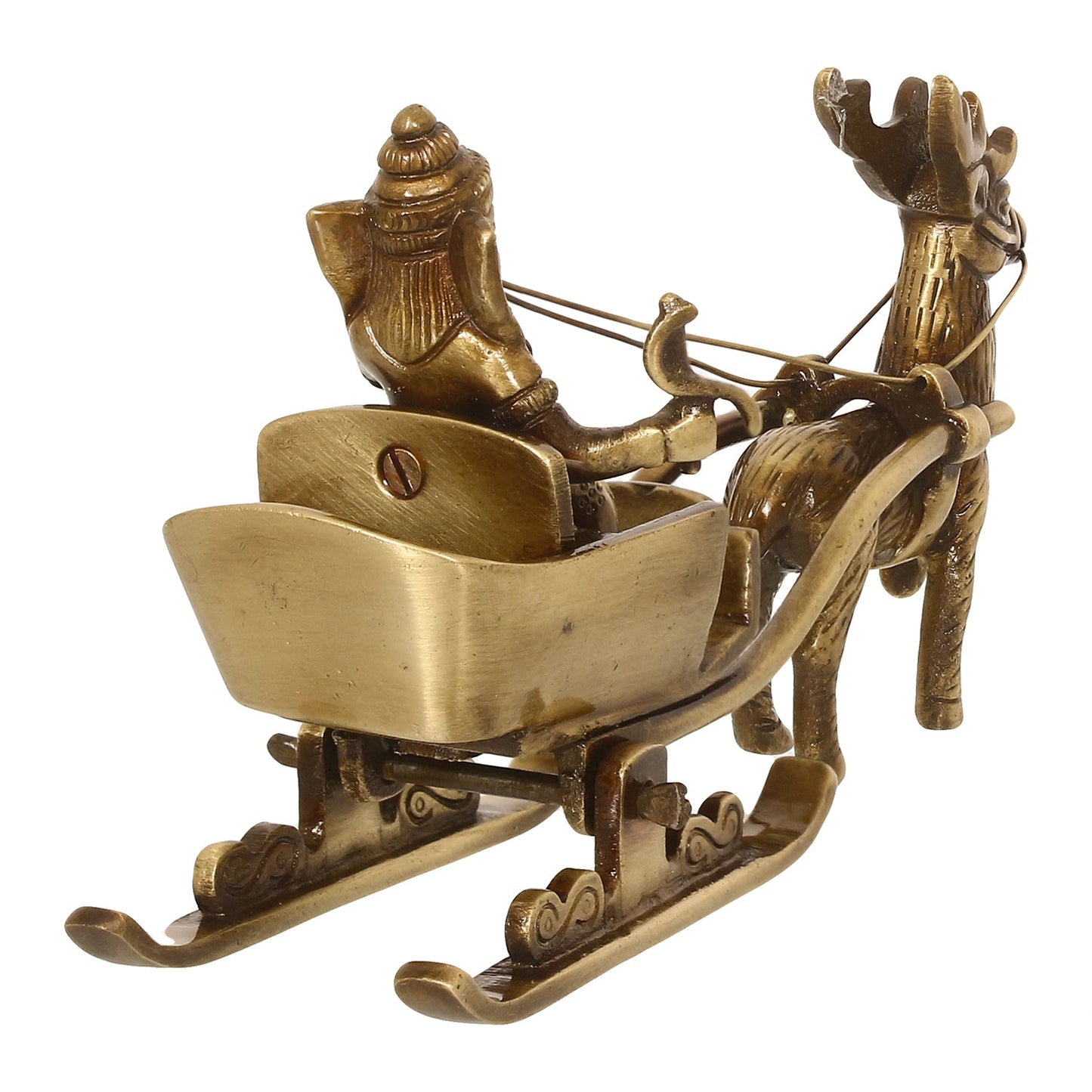 Gold Brass Ganesha Enjoying Ride With Deer Cart Decorative Showpiece