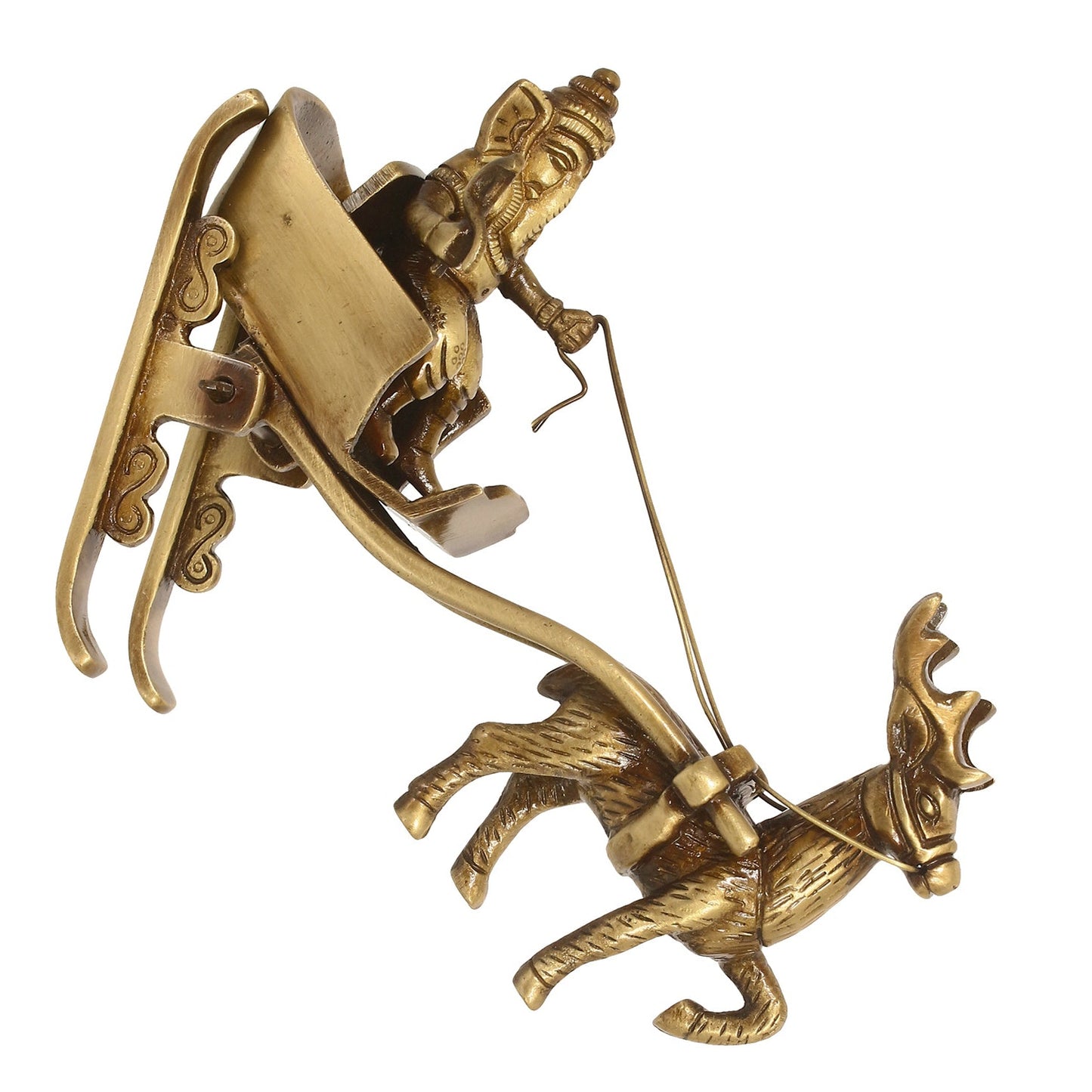 Gold Brass Ganesha Enjoying Ride With Deer Cart Decorative Showpiece
