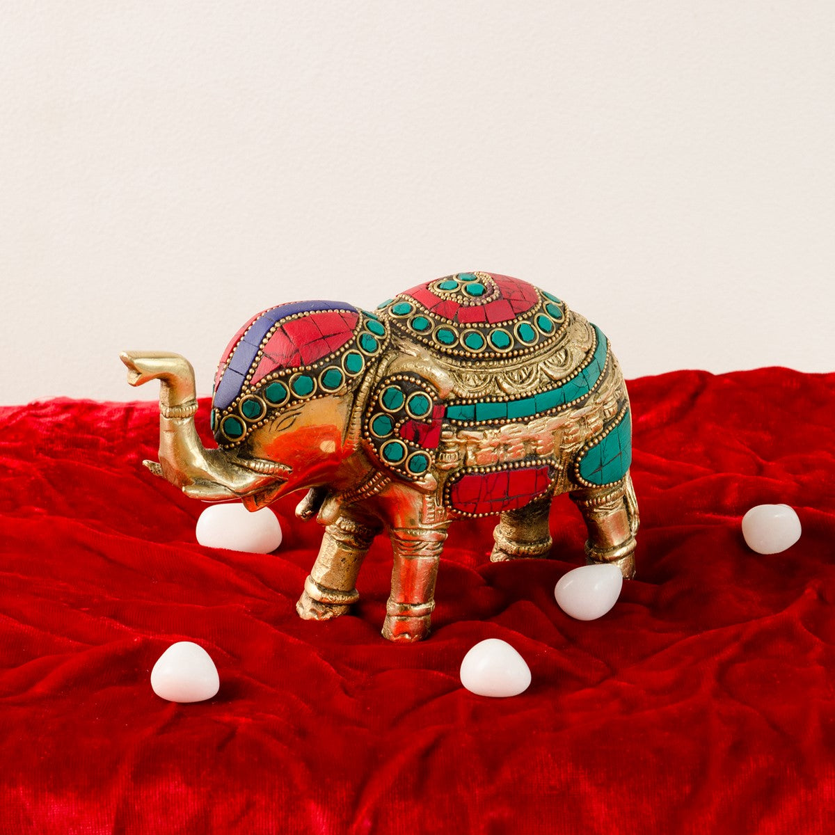Stone Studded Brass Elephant Statue Animal Figurines