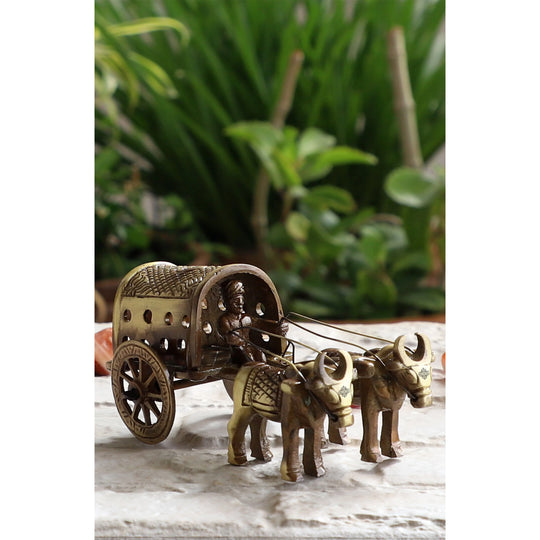 Brass Handcrafted Cart With Two Bull Showpiece Figurine, Home Hotel Of