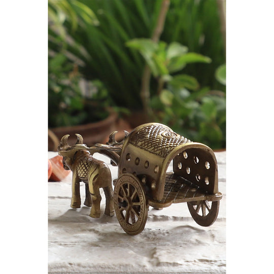 Brass Handcrafted Cart With Two Bull Showpiece Figurine, Home Hotel Of