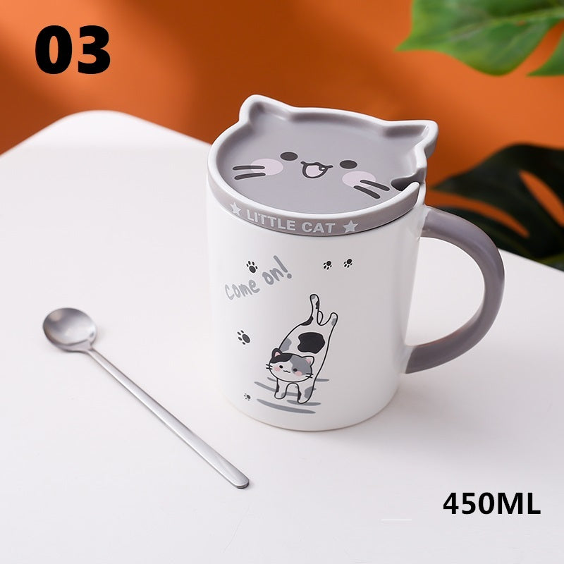 Creative Mug With Lid Spoon Cartoon Cat Ceramic Couple Cup