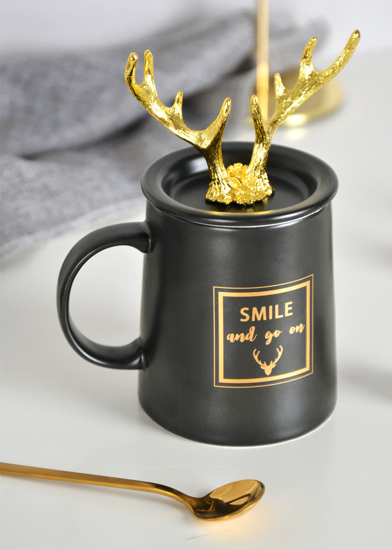 Nordic Couple Mug Porcelain Cup Golden Antlers Cover Home Spoon With Lid Milk Coffee Cup Drinking Glass Black White Ceramic Mug