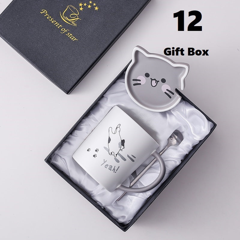 Creative Mug With Lid Spoon Cartoon Cat Ceramic Couple Cup