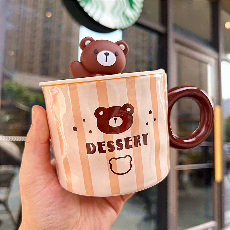 Mug With Lid Couple Little Bear Ceramic Water Cup Girls Creative Breakfast Cup