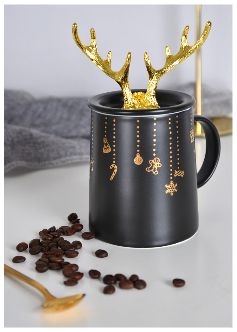 Nordic Couple Mug Porcelain Cup Golden Antlers Cover Home Spoon With Lid Milk Coffee Cup Drinking Glass Black White Ceramic Mug