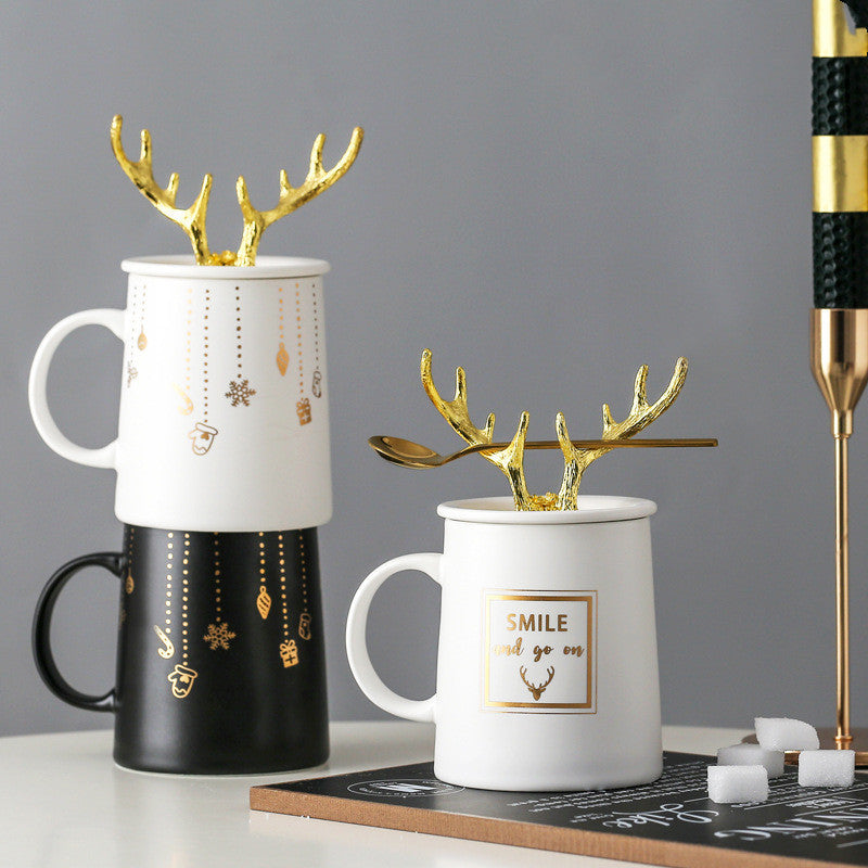 Nordic Couple Mug Porcelain Cup Golden Antlers Cover Home Spoon With Lid Milk Coffee Cup Drinking Glass Black White Ceramic Mug
