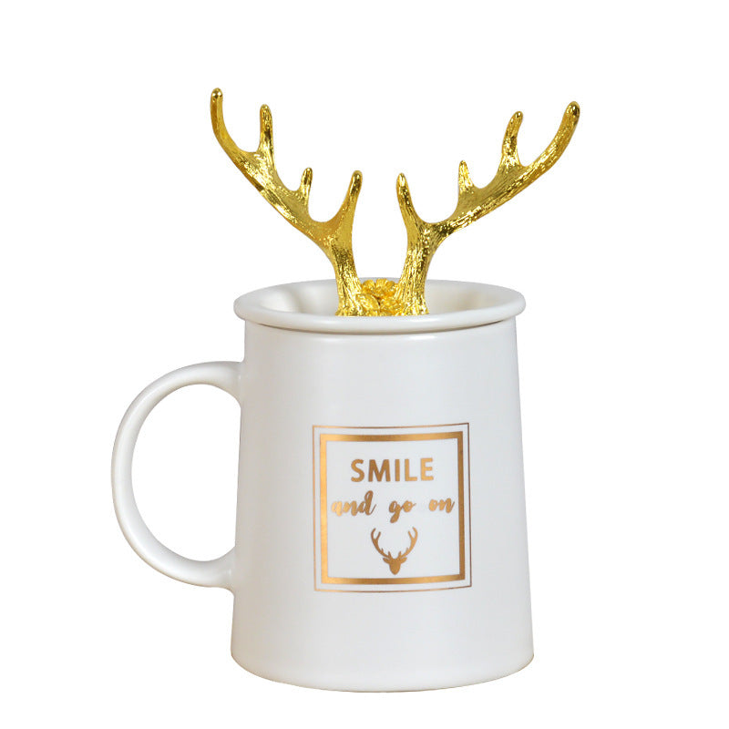 Nordic Couple Mug Porcelain Cup Golden Antlers Cover Home Spoon With Lid Milk Coffee Cup Drinking Glass Black White Ceramic Mug