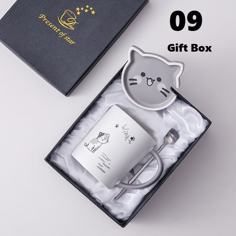 Creative Mug With Lid Spoon Cartoon Cat Ceramic Couple Cup