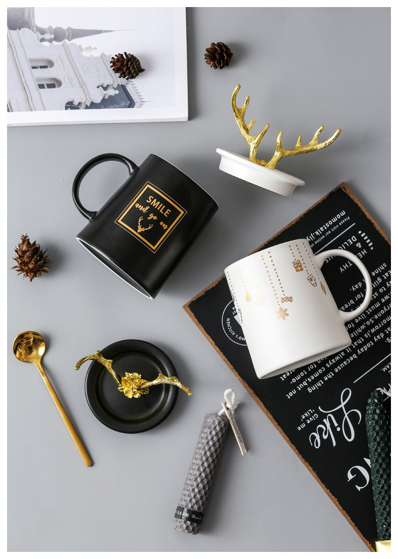 Nordic Couple Mug Porcelain Cup Golden Antlers Cover Home Spoon With Lid Milk Coffee Cup Drinking Glass Black White Ceramic Mug