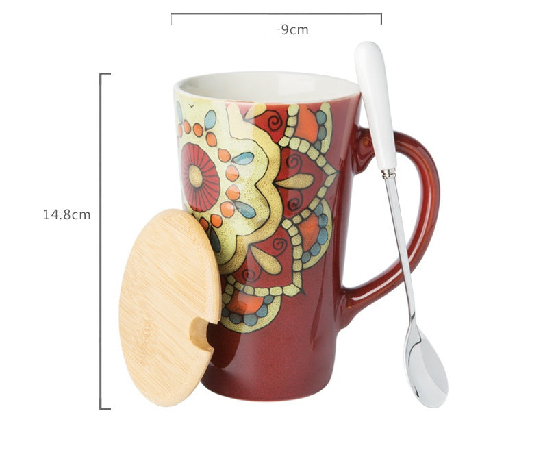 Mug Large Capacity Ceramic Spoon With Lid Retro Style Hand-painted Office Home Drinking Cup