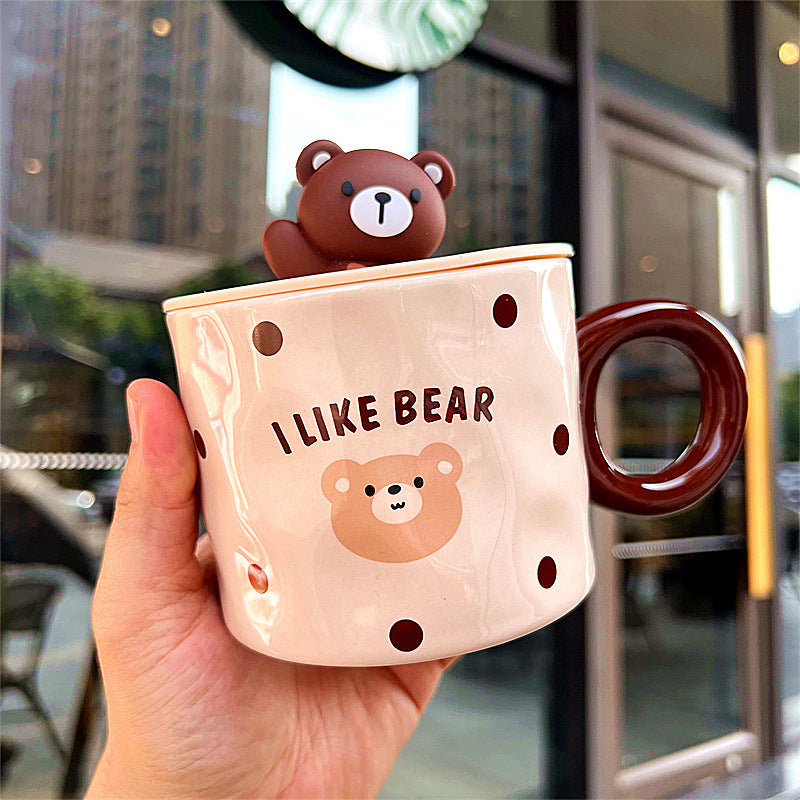 Mug With Lid Couple Little Bear Ceramic Water Cup Girls Creative Breakfast Cup