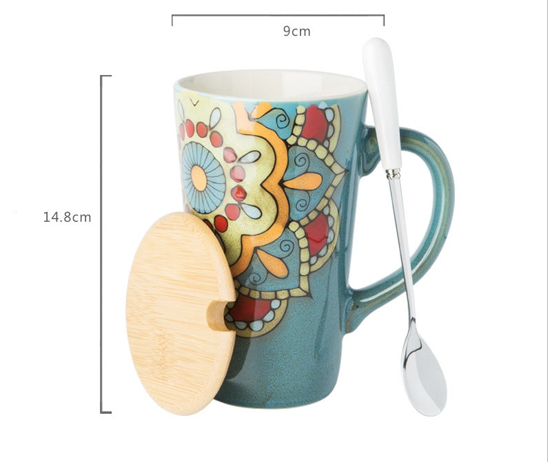 Mug Large Capacity Ceramic Spoon With Lid Retro Style Hand-painted Office Home Drinking Cup